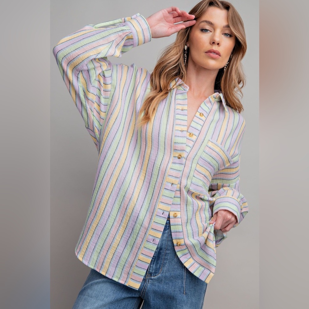 Easel Sage Stripe Gauze Button Down Shirt